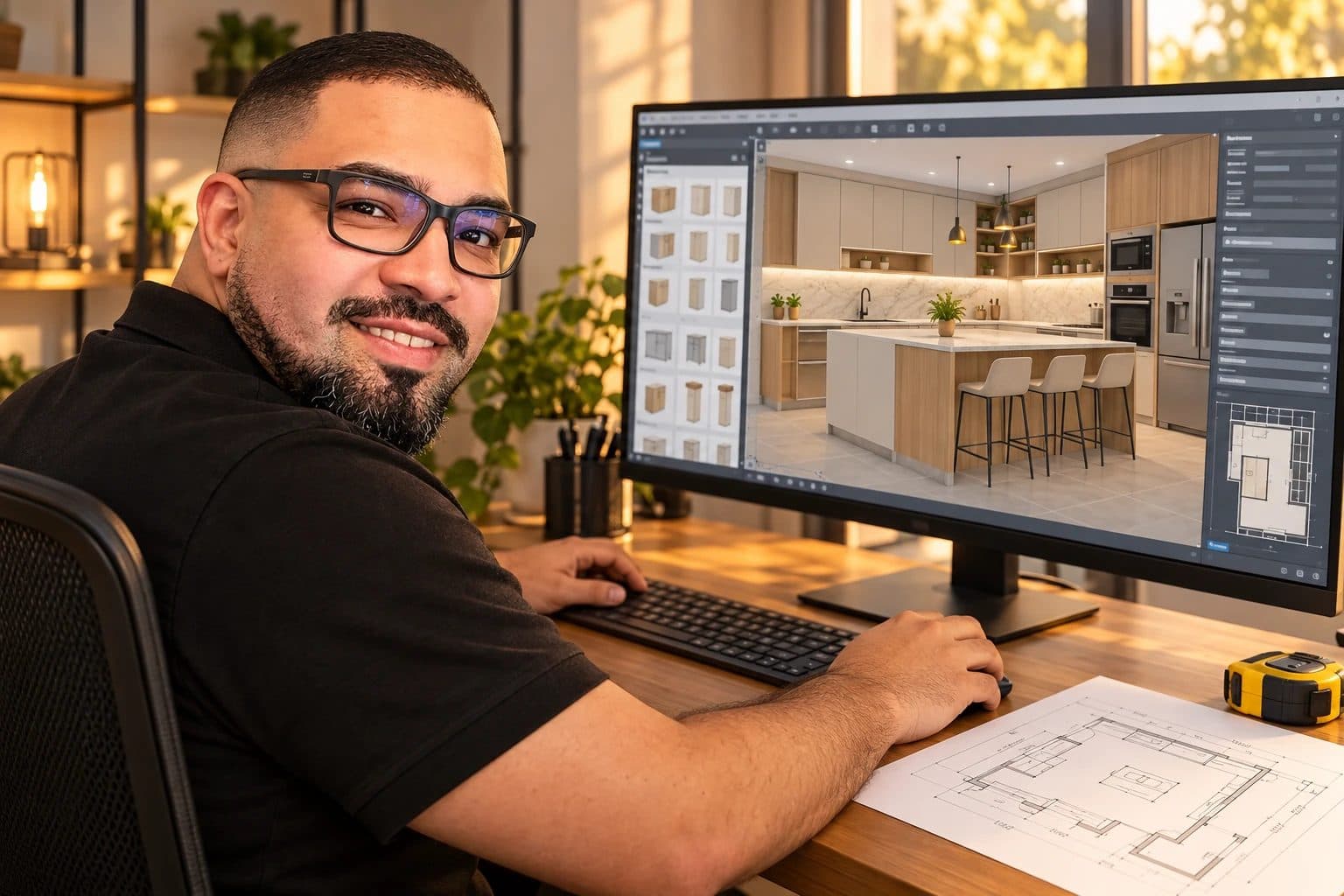 Henrique no computador projetando uma cozinha em 3D no Promob, com a planta impressa e a trena sobre a mesa