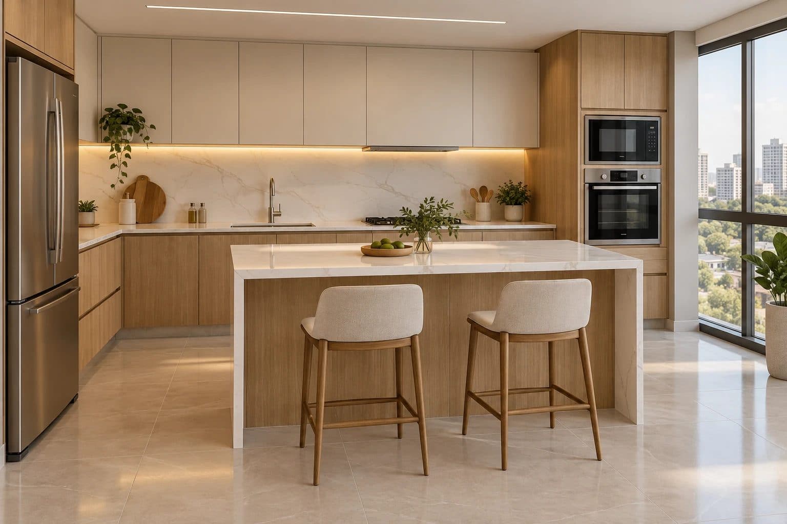 Imagem 3D de uma cozinha planejada com armários claros, madeira, ilha com banquetas e janela ampla